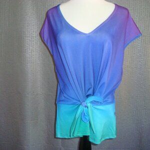 NWT LILY BY FIRMIANA V-NECK PURPLE BLUES GREEN PENDULUM BLOUSE TIE sz M